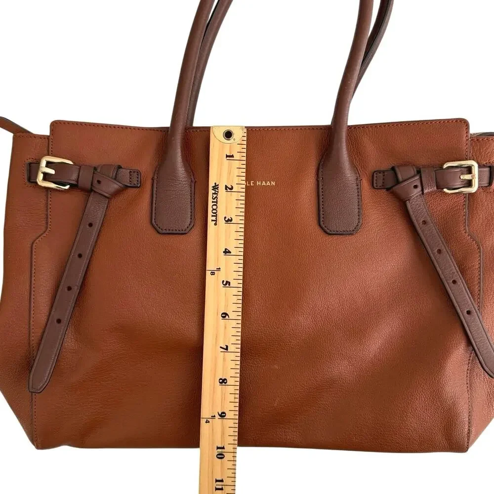Cole Haan brown pebbled leather satchel tote belted detail